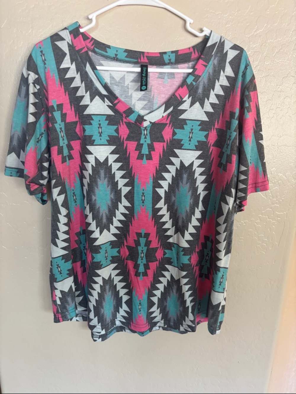 Relaxed V-Neck Aztec Print Tee - Teal & Pink